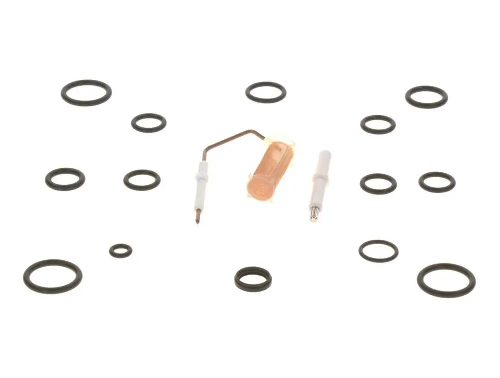 Bosch-Service-Kit bestehend aus mehreren schwarzen O-Ringen sowie zwei Komponenten in unterschiedlichen Farben, die auf einem weißen Hintergrund angeordnet sind.